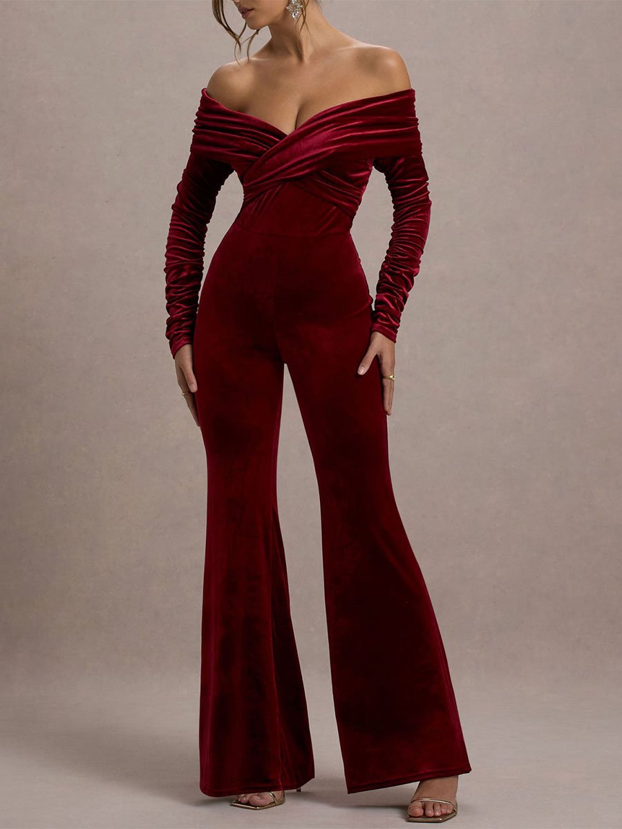 Fashion Retro Wine Red Velvet Cross-Shoulder Long-Sleeved Flared Jumpsuit