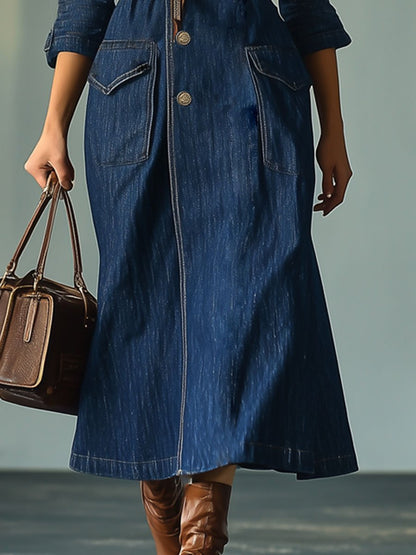 Casual Retro Lapel Tie Pocket Mid-Length Denim Trench Coat