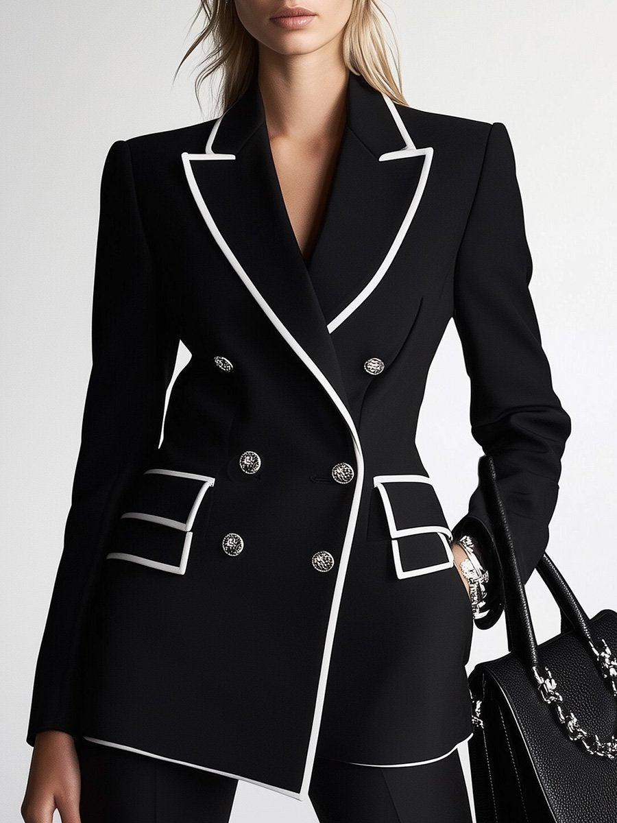 Elegant and Capable Peak Lapel Double Pocket Contrast Color Blazer