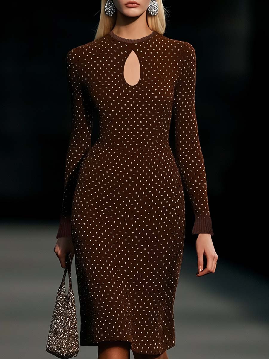 Elegant Round Neck Chest Hollow White Polka Dot Brown Midi Dress