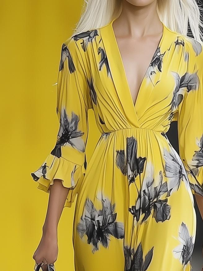 Romantic V-Neck Printed Yellow Long-Sleeved Maxi Dress