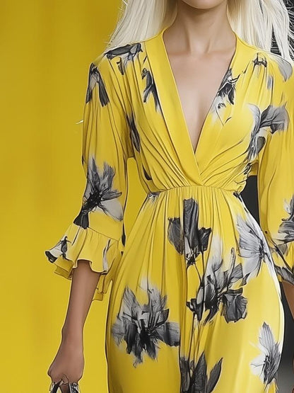 Romantic V-Neck Printed Yellow Long-Sleeved Maxi Dress