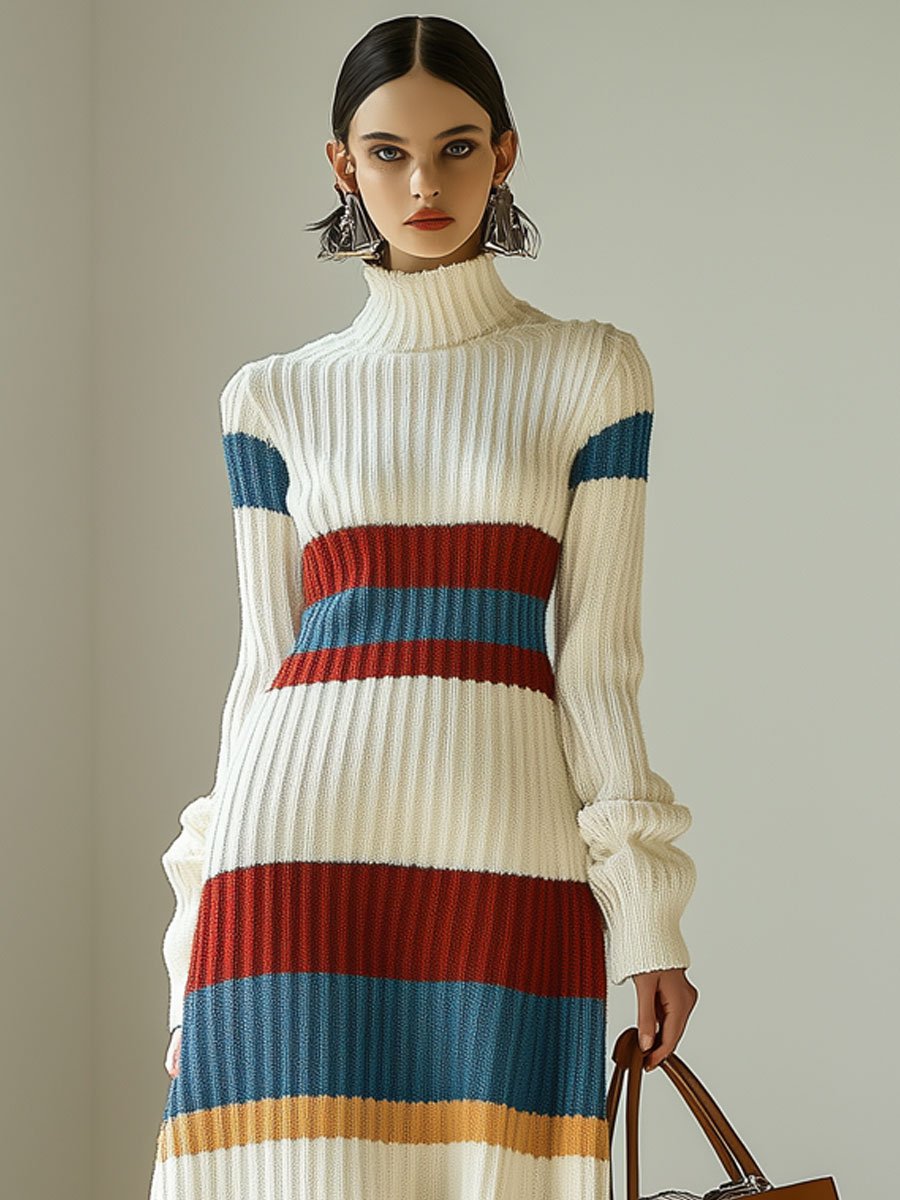 Fashion Retro Striped Long Sleeve Turtleneck Knitted Midi Dress