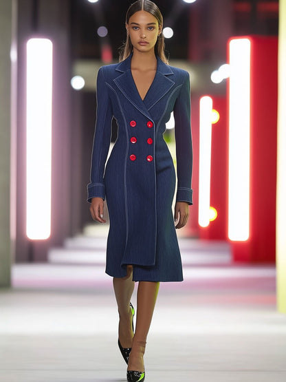 Casual Retro Navy Denim Red Double Breasted Trench Coat Midi Dress