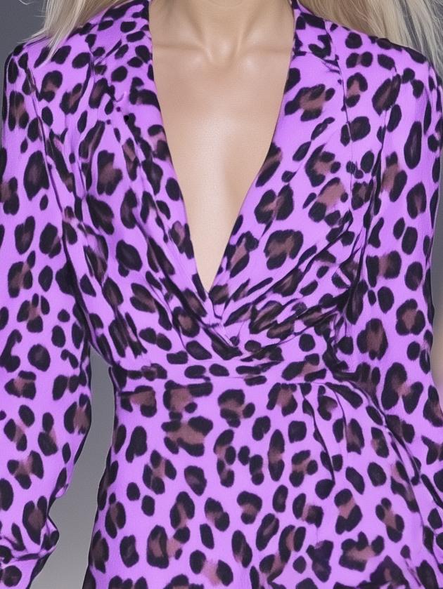 Trendy Purple Leopard Print V-Neck Long Sleeve Mini Dress