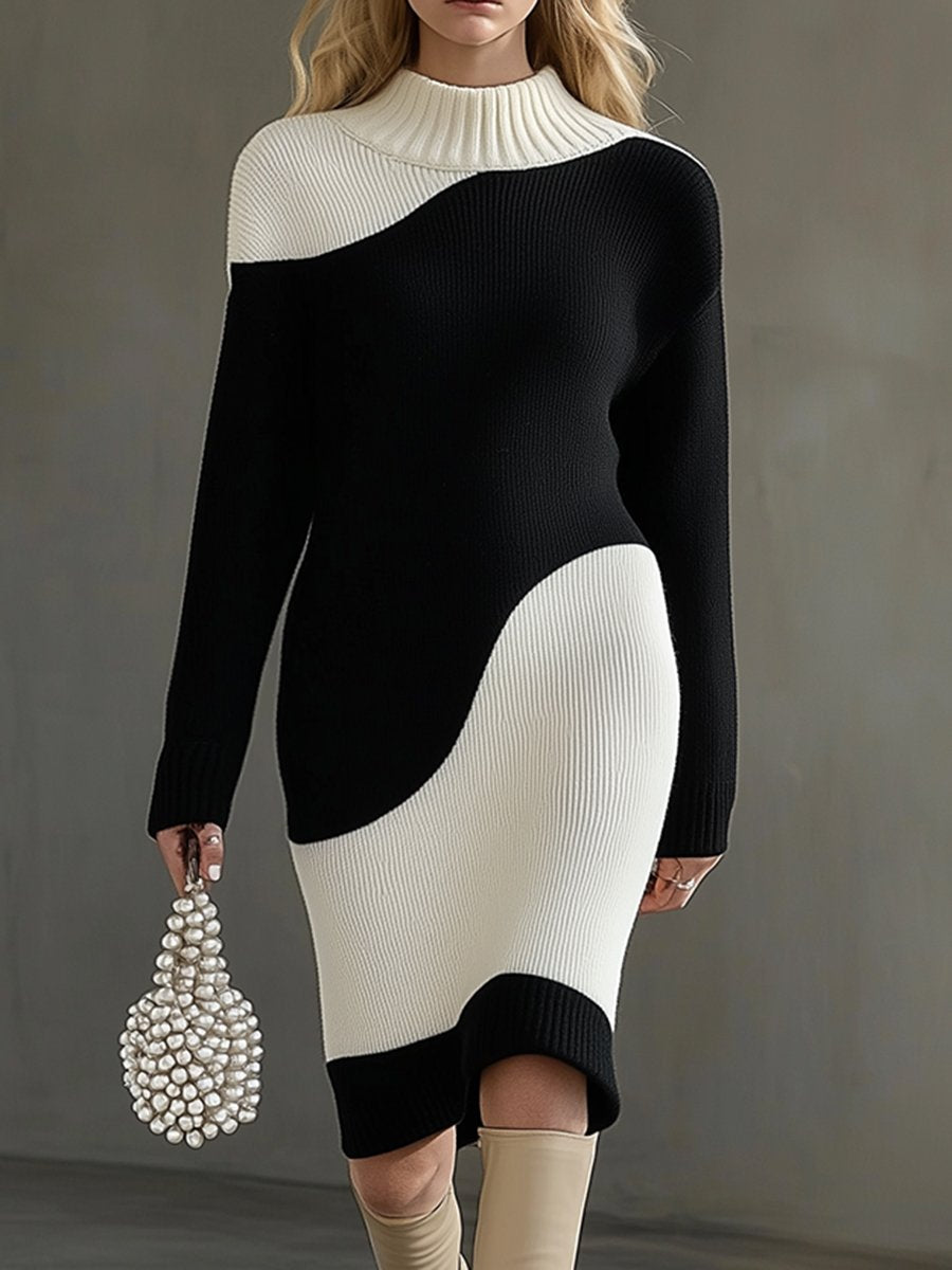 Casual Fashionable Loose Black And White Stitching Knitted Mini Dress