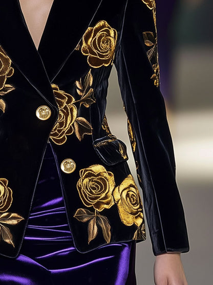 Casual Loose Retro Black Velvet Gold Rose Print Lapel Blazer