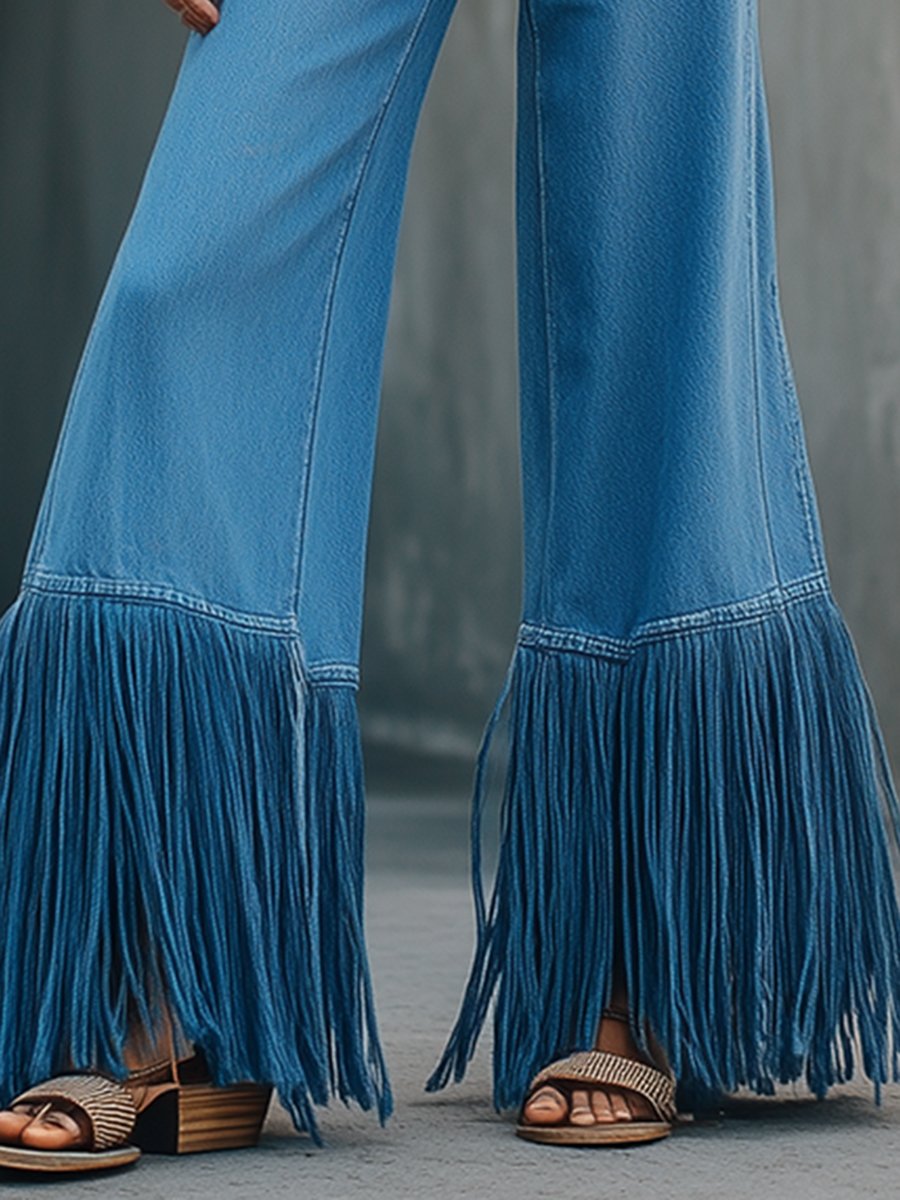 Retro Loose Fashionable Tassel Stitching Wide-Leg Jeans