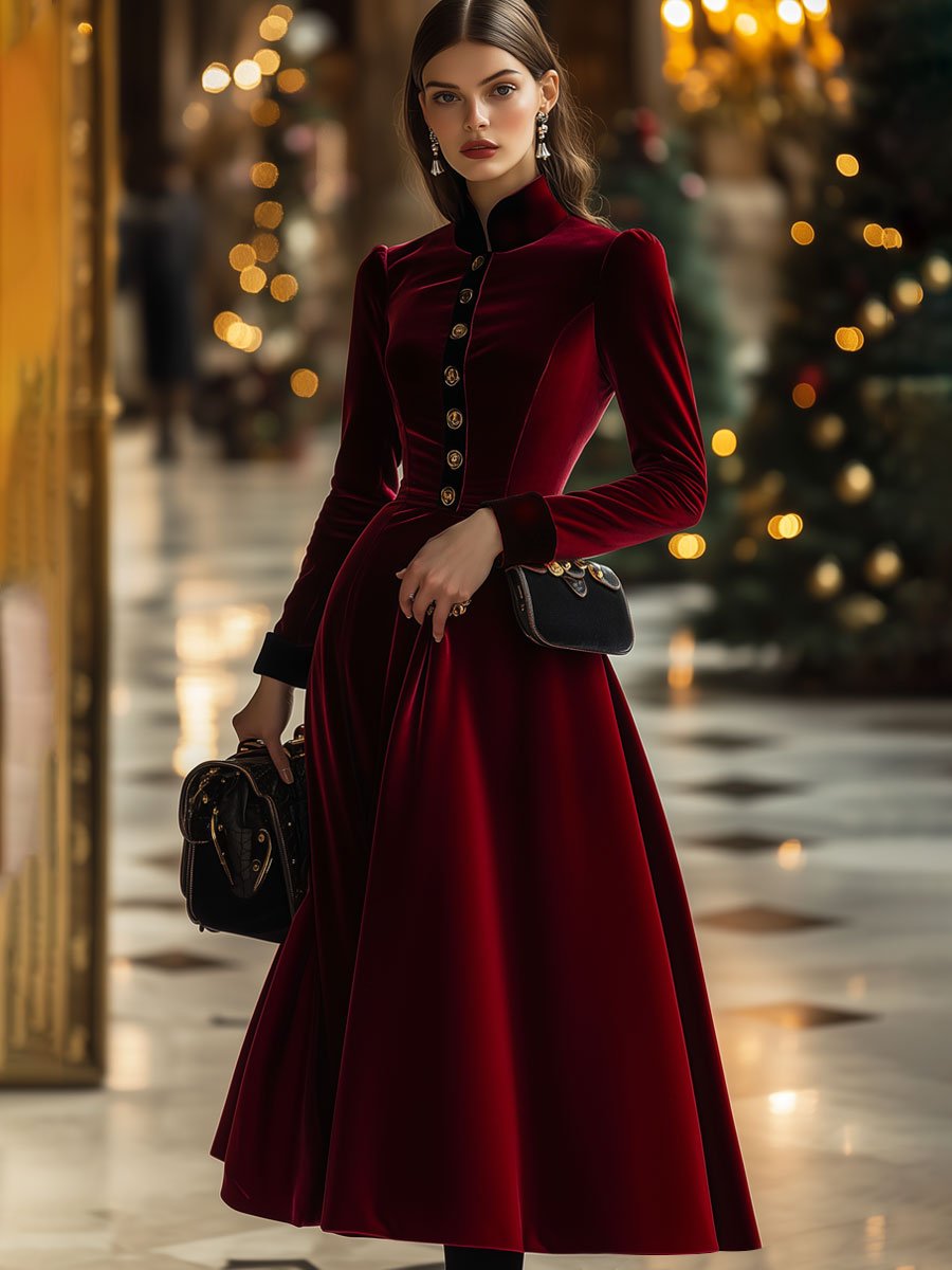 【24-hour shipping out】Fashion Retro Ankola Red Velvet Single-Breasted Long-Sleeved Midi Dress