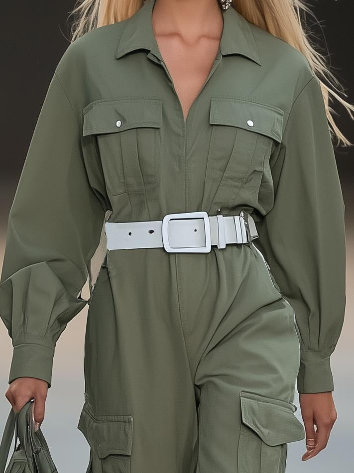 Casual Loose Workwear Army Green Long-Sleeved Jumpsuit