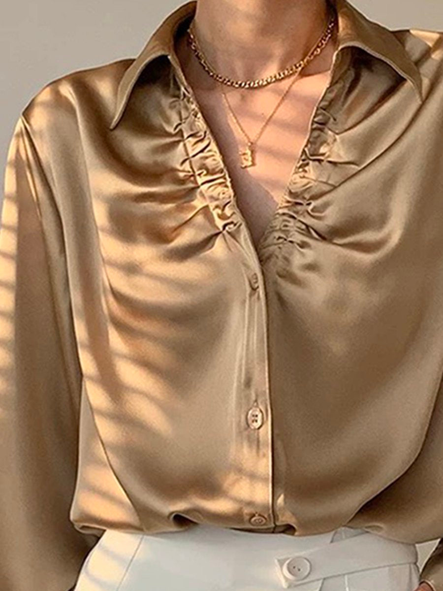 Elegant V-Neck Pleated Satin Long-Sleeved Shirt