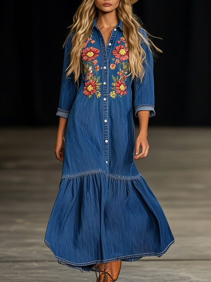 Retro Loose Fashion Embroidered Denim Maxi Dress