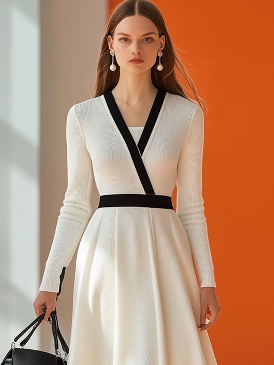 Fashion Retro Black And White Knitted Splicing V-Neck Long-Sleeved Midi Dress