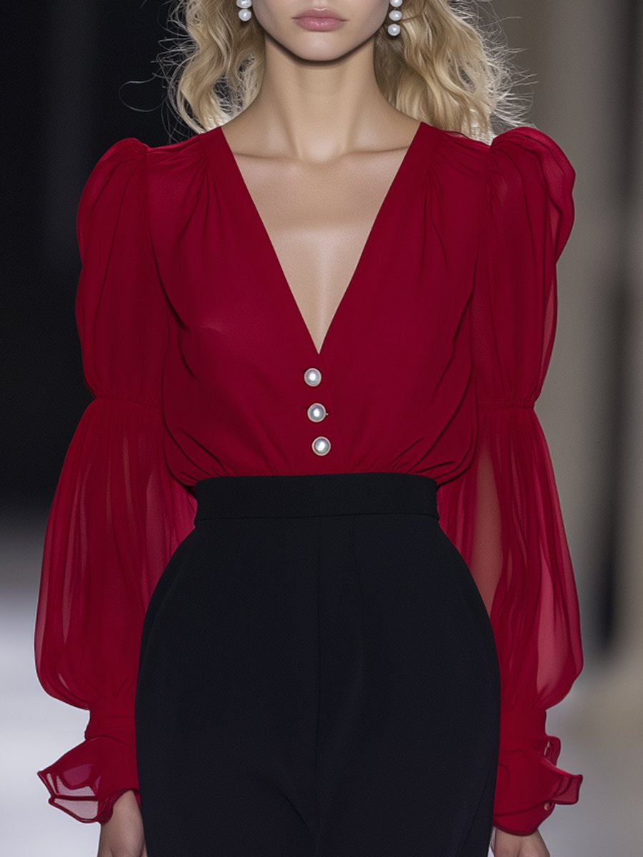 Elegant And Flowing Puff Sleeves Red Chiffon V-Neck Shirt