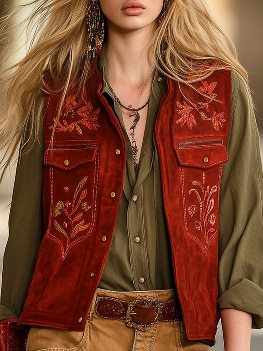 Retro And Stylish Western Style Embroidered Red Suede Vest