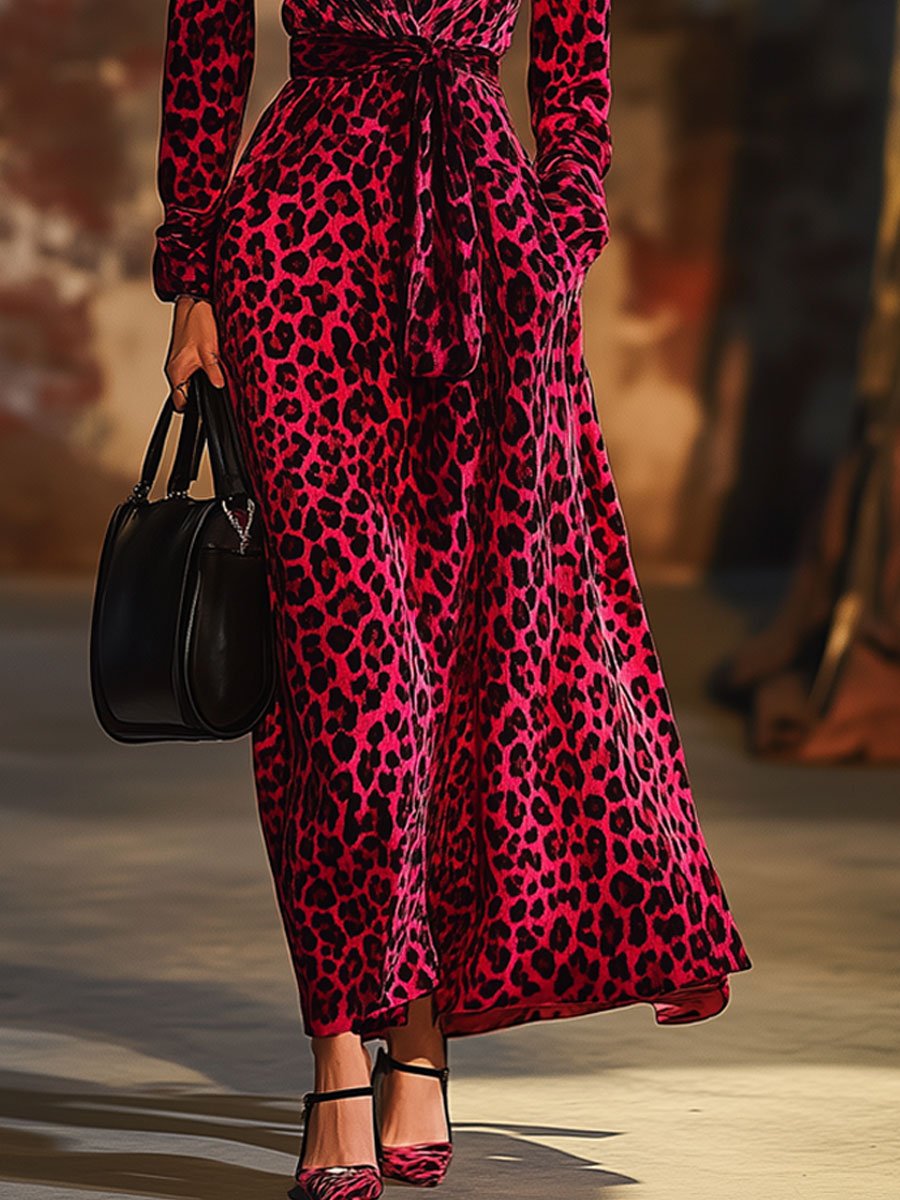 Velvet Leopard Print V-Neck Long Sleeve Fashion Pocket Maxi Dress