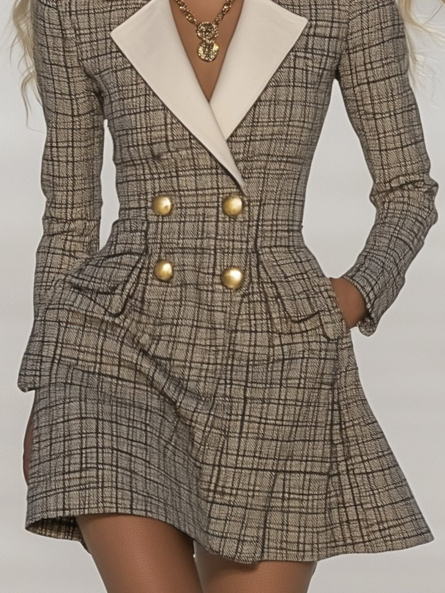 【24-hour shipping】Classic and Fashionable Contrast Lapel Plaid Mini Dress