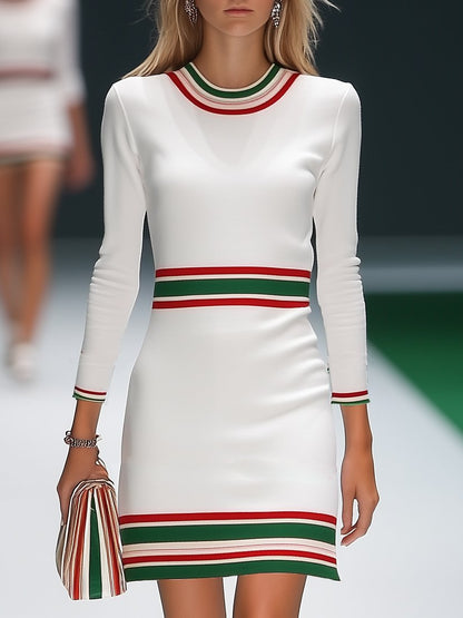 Fashionable and Elegant Striped White Long Sleeve Mini Dress