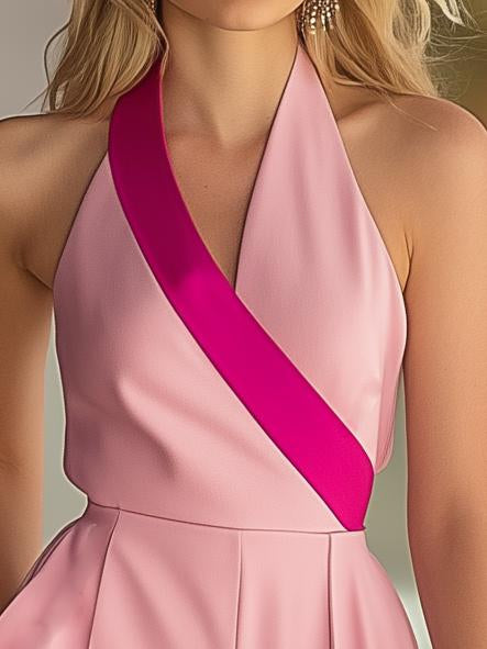 Fashionable Halterneck Colorblock Pink Sleeveless Jumpsuit