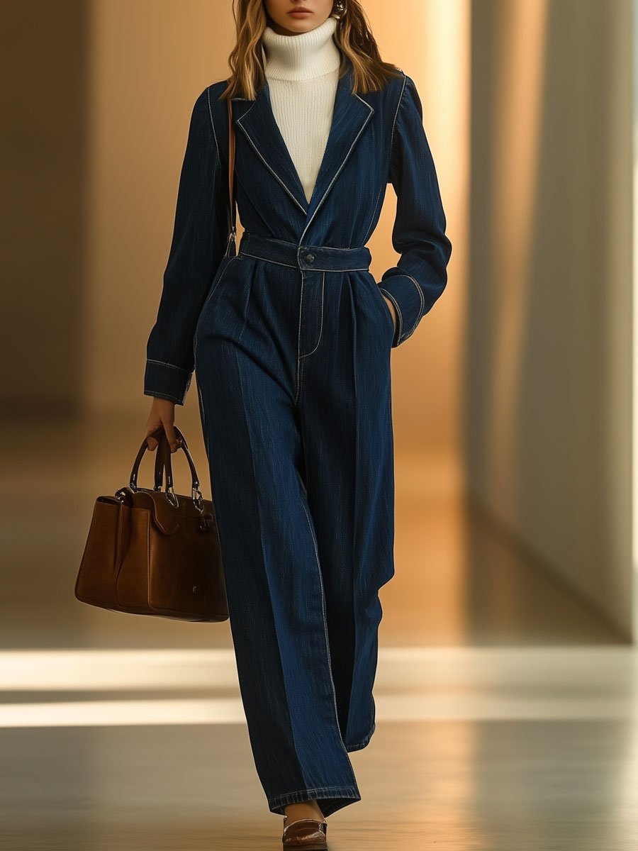 Casual Retro Lapel Pocket Denim Long Sleeve Straight Jumpsuit