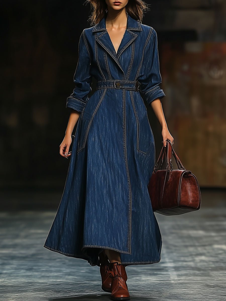 Casual Loose Retro Pocket Belted Dress Style Denim Trench Coat