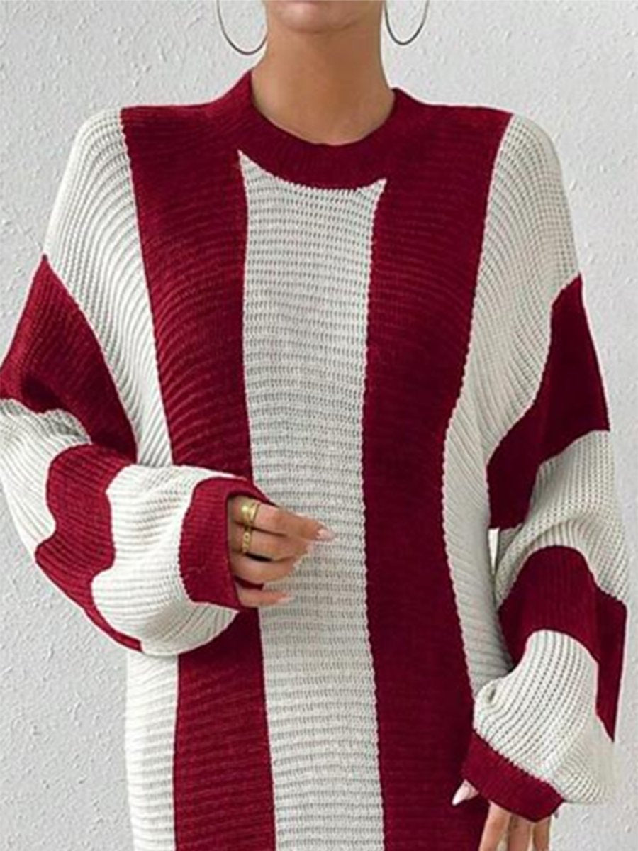 Retro And Fashionable Loose Red And White Color Matching Knitted Midi Dress