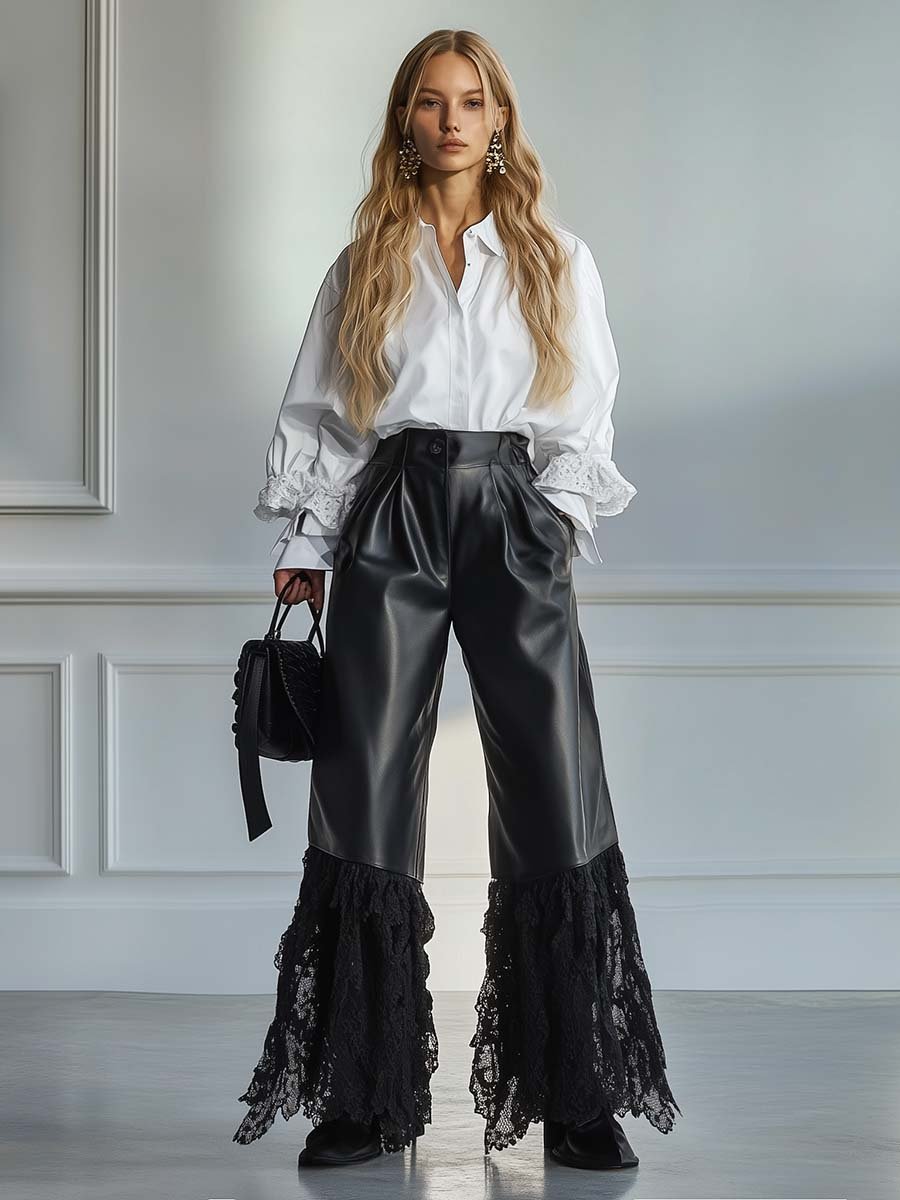 Fashionable Cool Lace Stitching Black Leather Wide-leg Pants