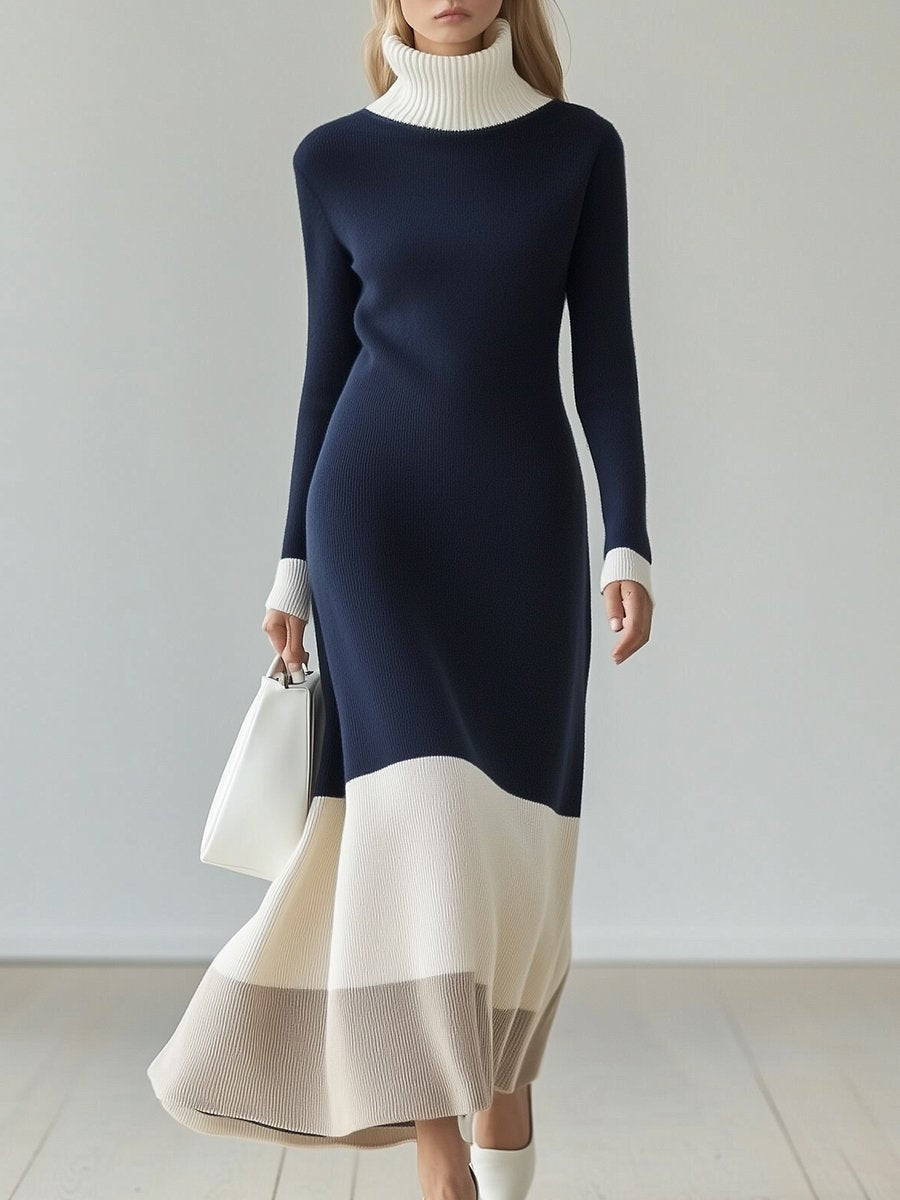 Retro French Elegant Fashion High Neck Colorblock Long Sleeve Maxi Dress