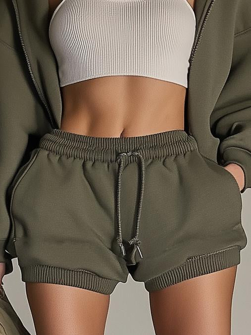 Fashion Loose Sports Hooded Zipper Jacket Shorts Set