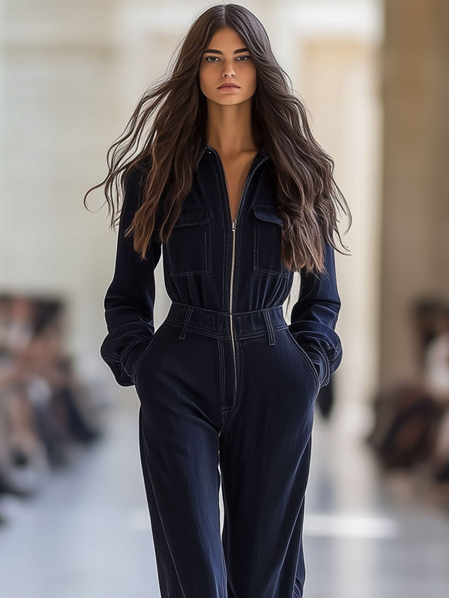 Casual Retro Original Denim Multi-Pocket Zipper Long Sleeve Wide Leg Jumpsuit