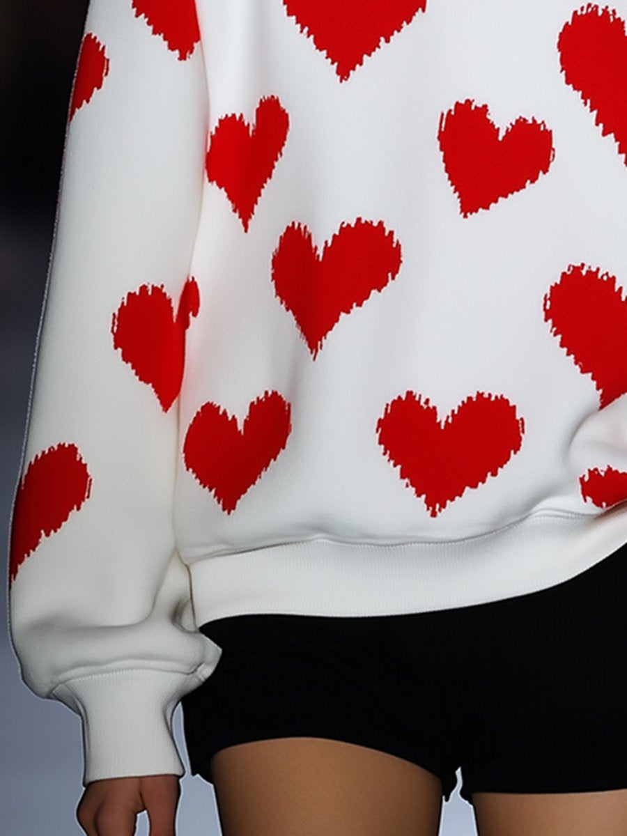 Casual Loose Fashion Love Heart White Sweatshirt