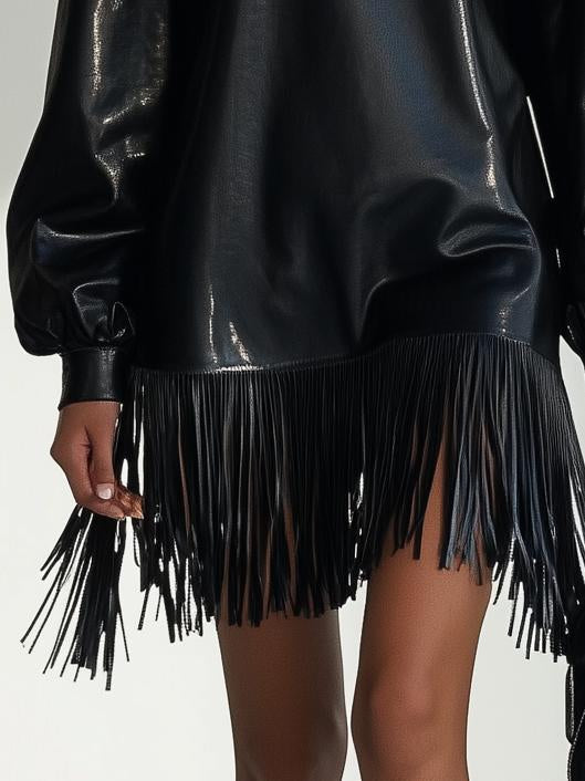 Fashionable Loose Leather Tassel Black Long Sleeve Mini Dress