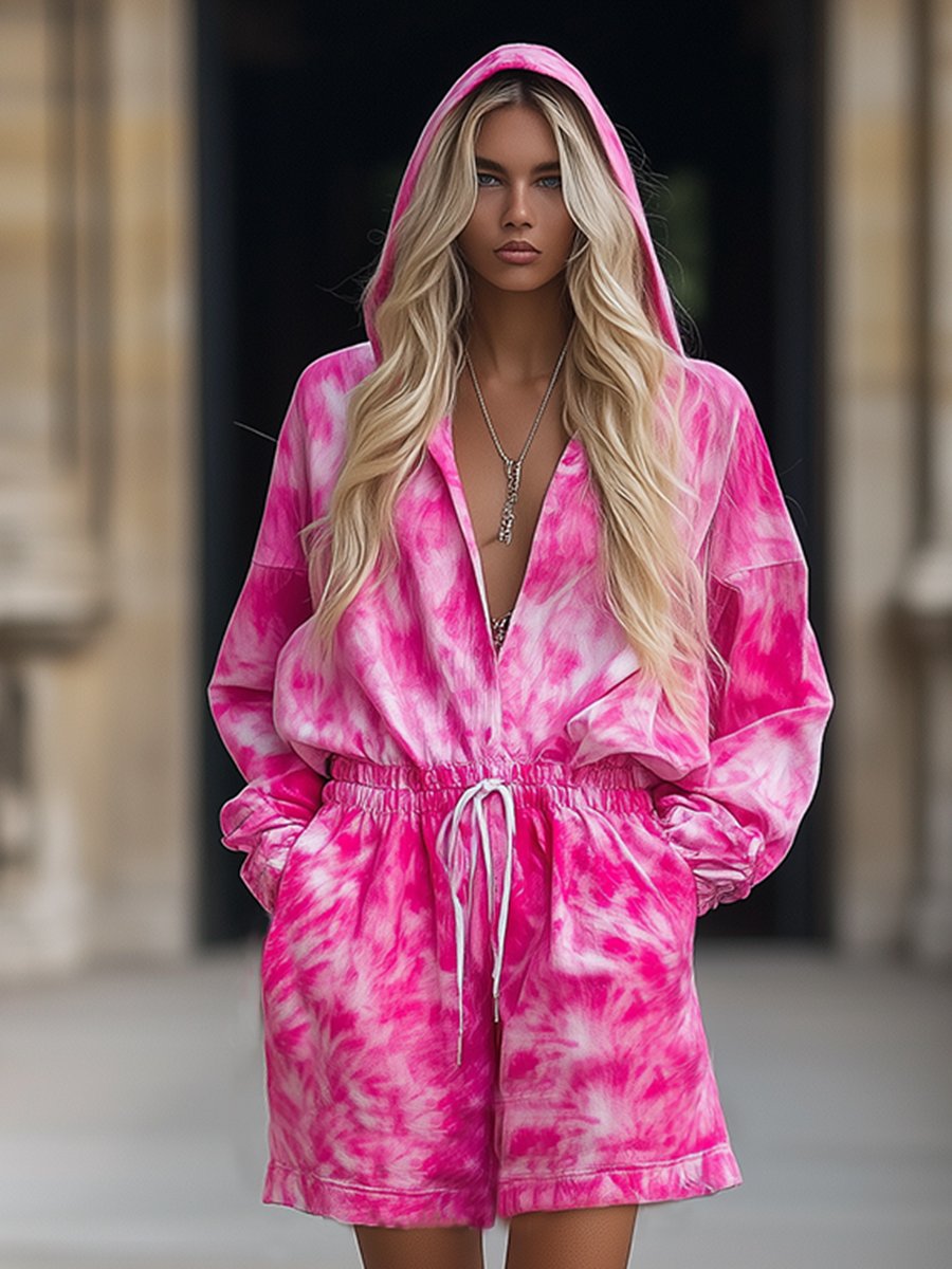 Casual Fashionable Loose Barbie Pink Tie-Dye Shorts Jumpsuit