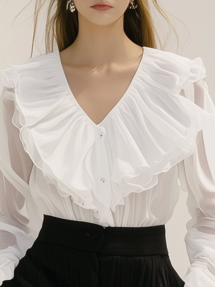 Elegant and Stylish White Chiffon Ruffled Puff Sleeve Shirt