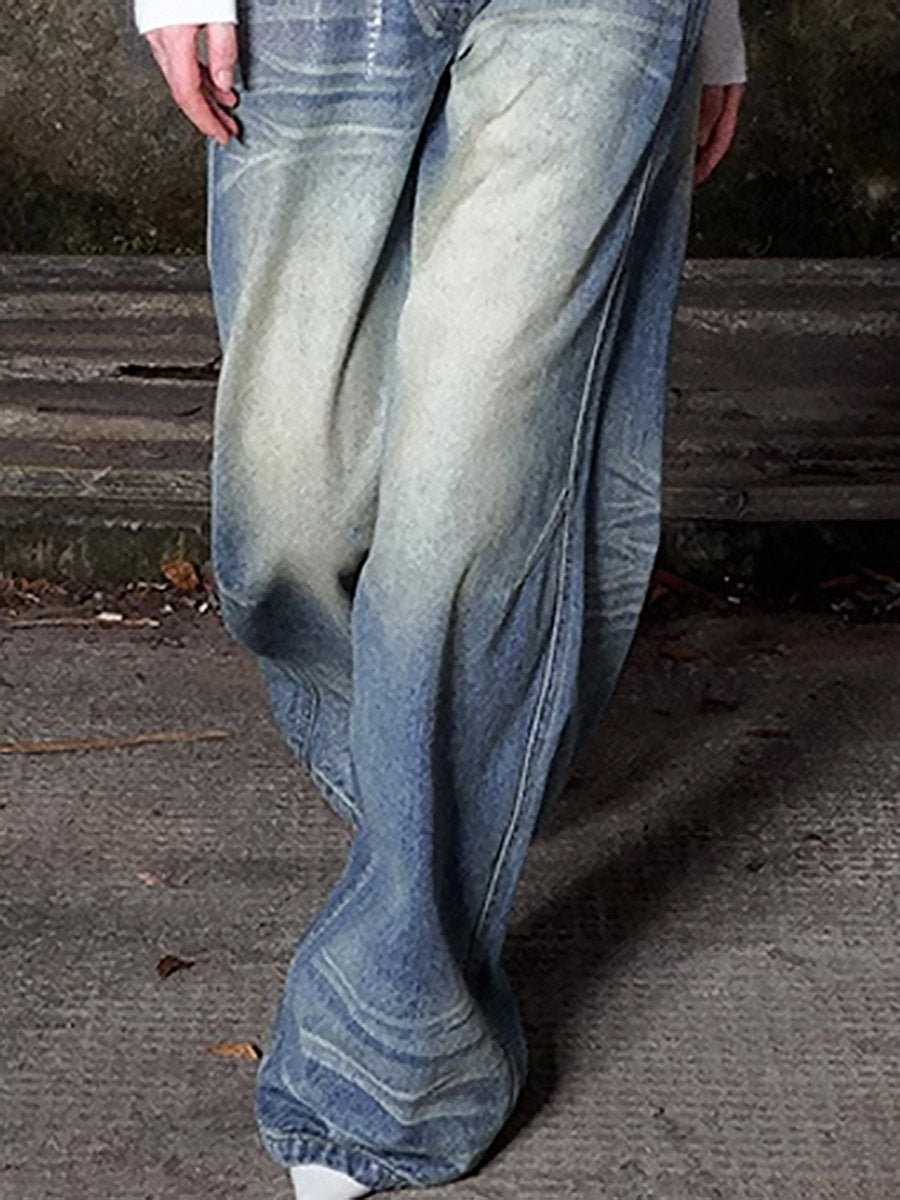 Low-Rise Casual Silver-Finish Loose Wide-Leg Denim Pants