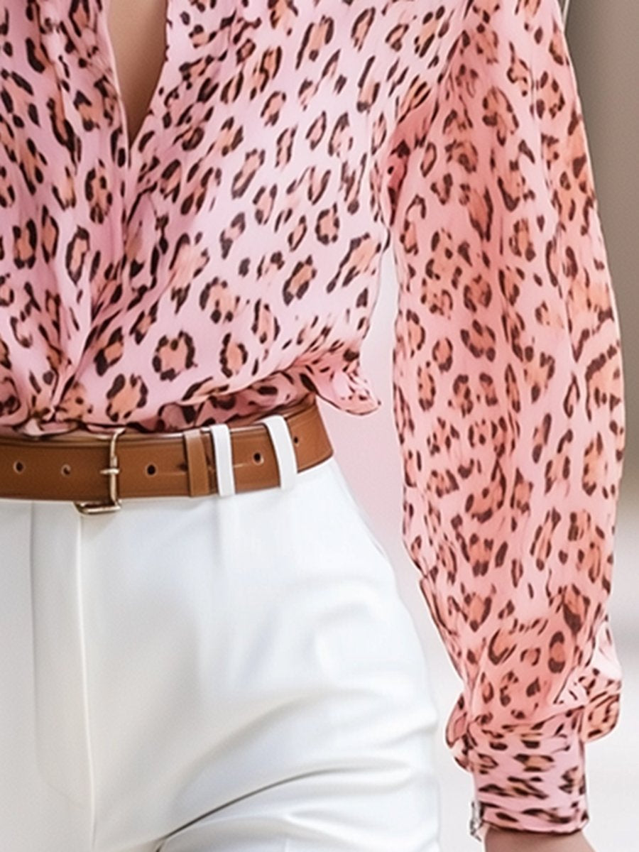 Gentle Wild And Fashionable Pink Leopard Print Chiffon Shirt