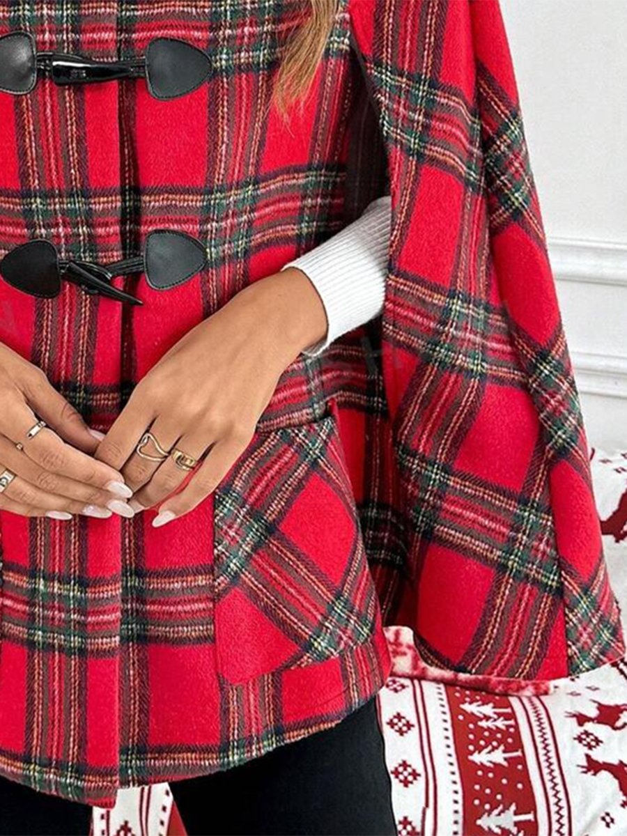 Retro Loose Fashionable Christmas Plaid Horn Button Cape Wool Coat