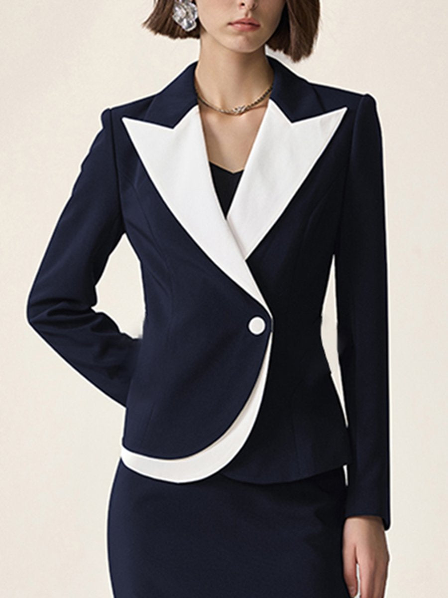 High-End Fashion Temperament Lapel Dark Blue Contrast Suit Skirt Set