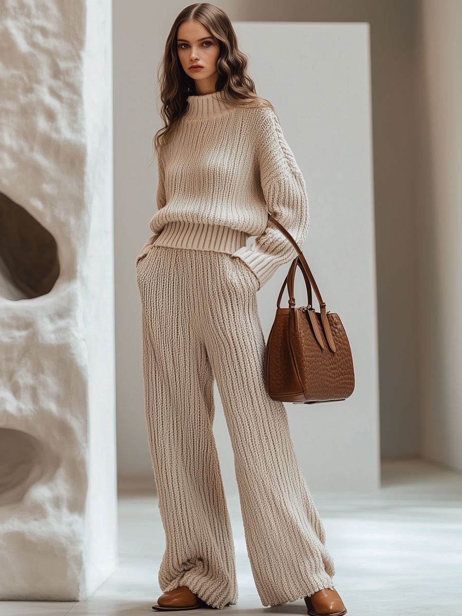 Casual Loose Pocket Apricot Knitted Straight Pants