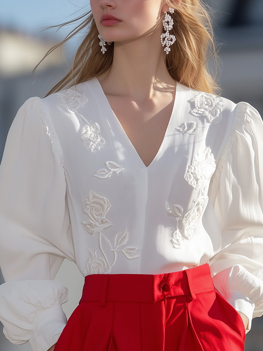 Retro Elegant Fashionable Rose Embroidery White Shirt