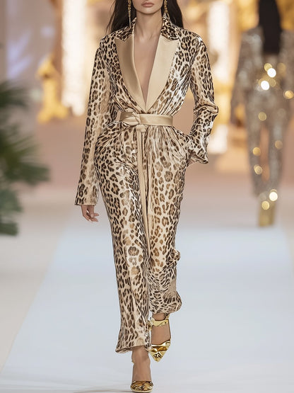 Fashion Retro Velvet Leopard Print Lapel Jumpsuit