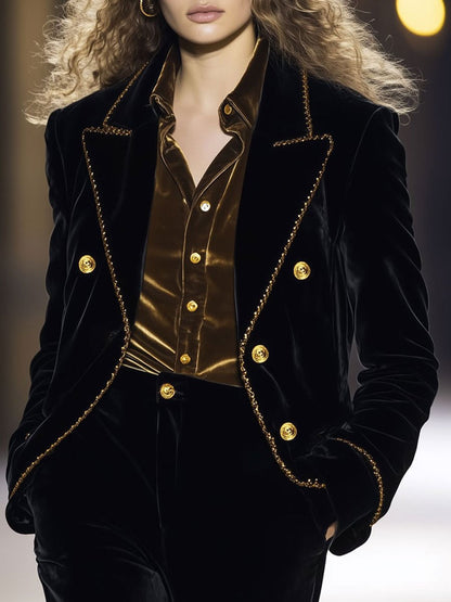 Casual Loose Retro Black Velvet Gold Lapel Metal Button Blazer