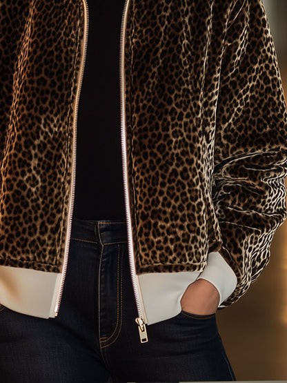 Casual Loose Velvet Leopard Print Ribbed Zipper Bomber Jacket