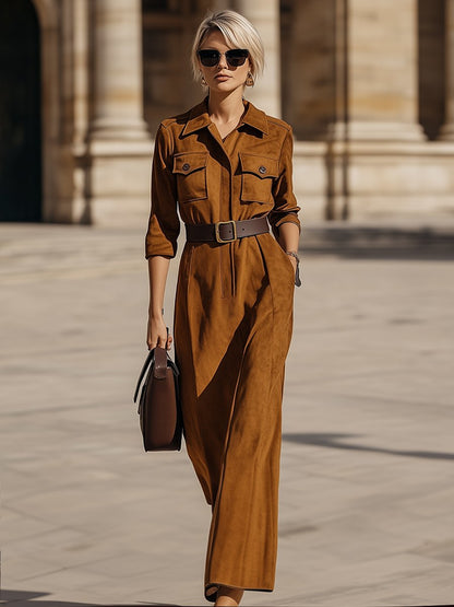 Retro Casual Fashion Lapel Pocket Suede Jumpsuit