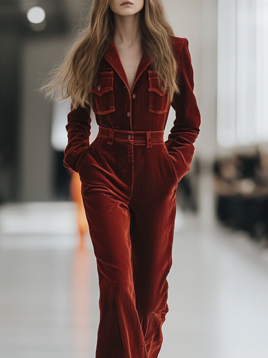 Casual Loose Retro Ankola Red Multi-Pocket Corduroy Flared Jumpsuit