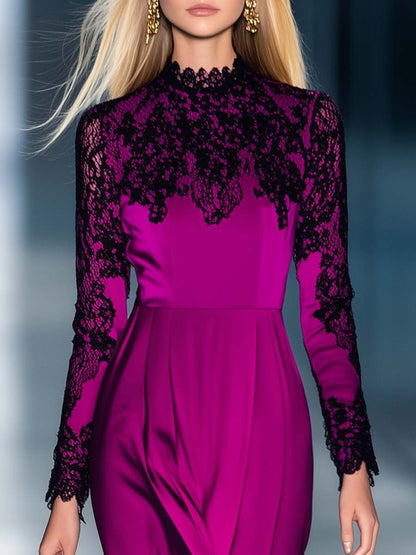 Temperament Half Turtleneck Lace Splicing Magenta Satin Midi Dress