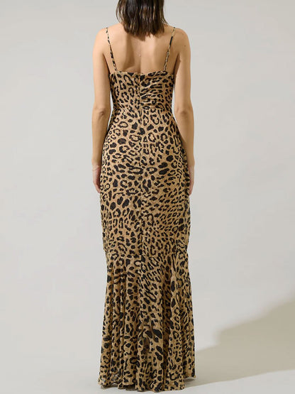 Fashion Party Leopard Print Chiffon V Neck Sleeveless Ruffle Maxi Dress