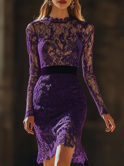 Intellectual and Elegant Round Neck Purple Lace Mini Dress