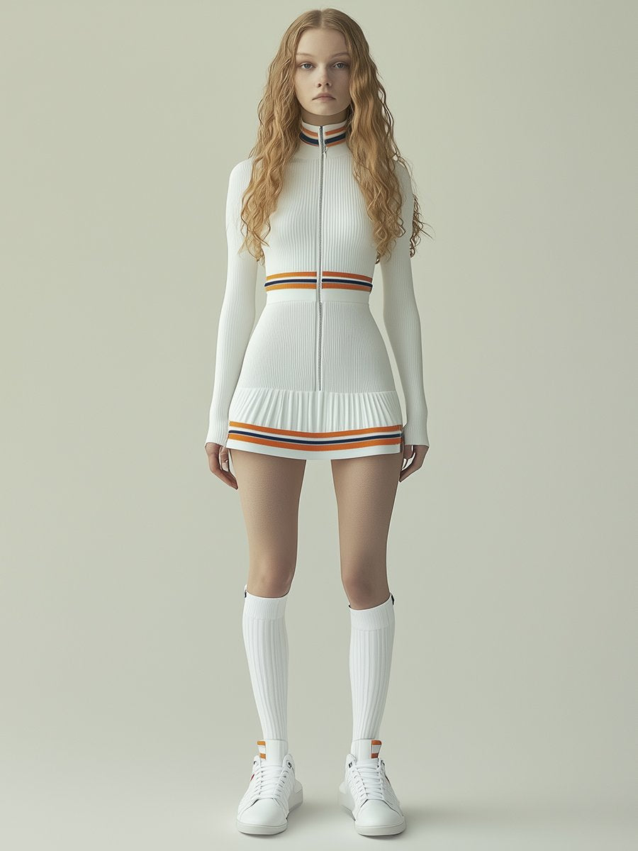 Casual Sporty Orange Striped White High Collar Ribbed Long-sleeved Mini Dress