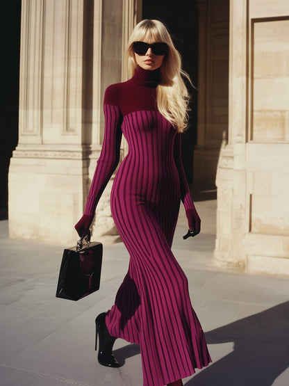 Casual Fashion Lazy Contrast Color Turtleneck Knitted Maxi Dress